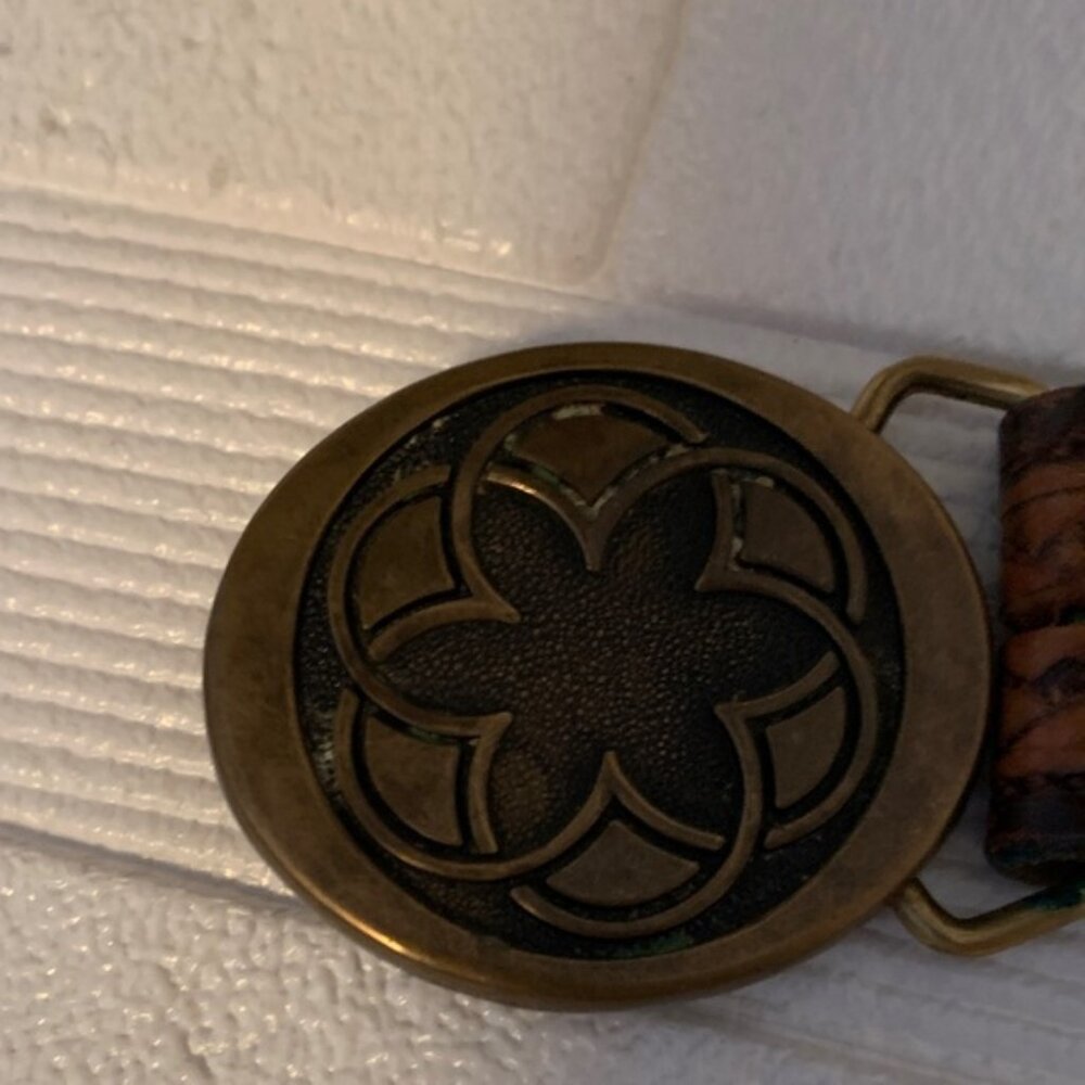 Woven Tan Leather Belt with Decorative Brass Buckle - Picture 3 of 9